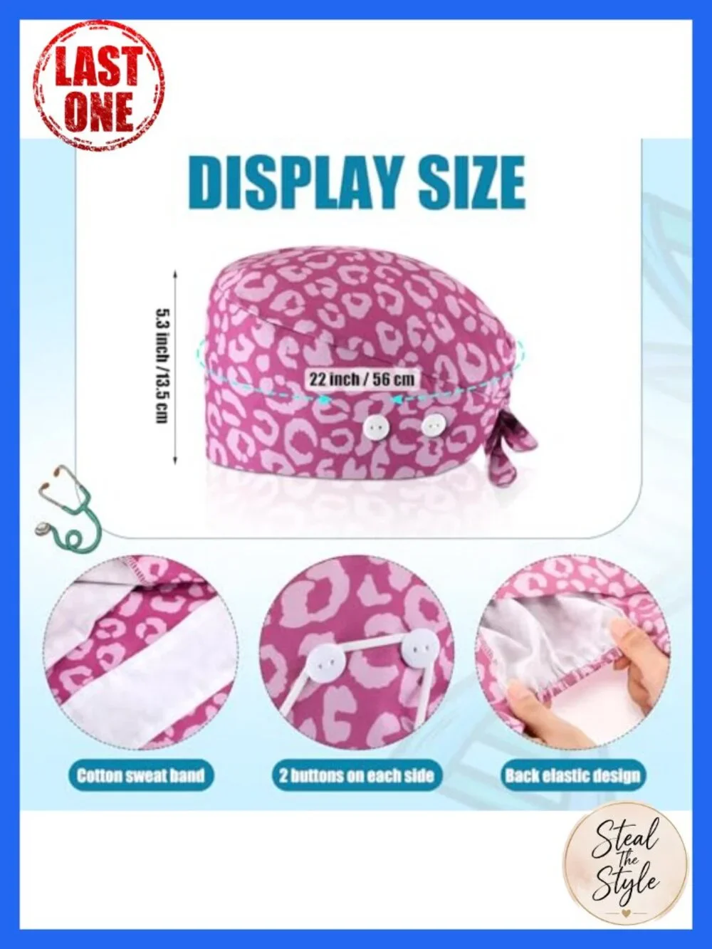 8 Pc Cotton Nurse Scrub Cap Set with Ear Buttons Sweatband